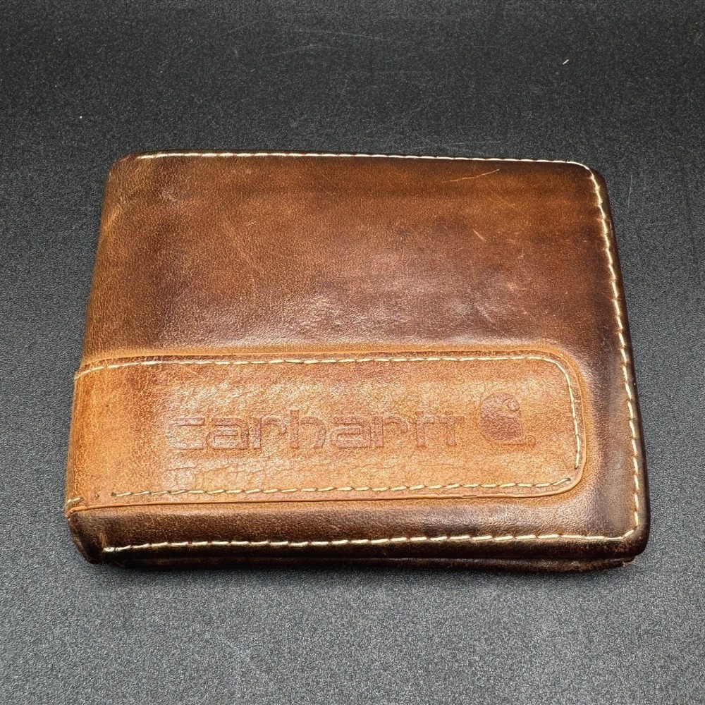Carhartt Mens Brown Leather Bifold Wallet ID Window Distressed Workwear Logo